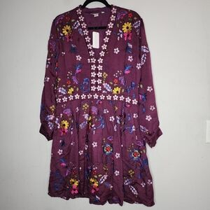NWT Victoria Road Silk Viscose Embroidered L/S Purple Knee Length Dress L Pocket